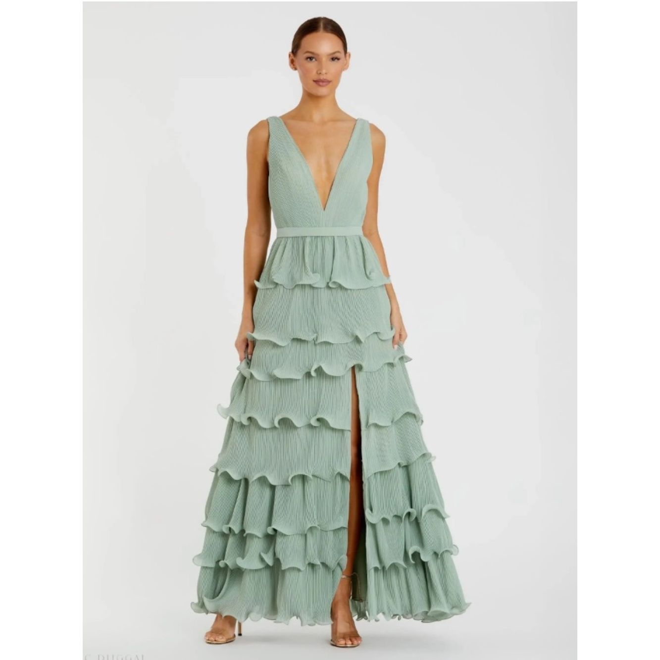 Ieena For Mac Duggal - Green Sleeveless Ruffle Tiered V Neck Gown